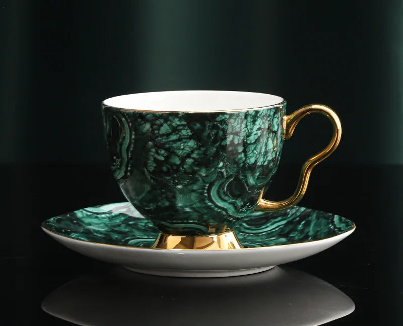 Bone China Coffee Cup and Saucer Malachite Green Gold Trim in Green