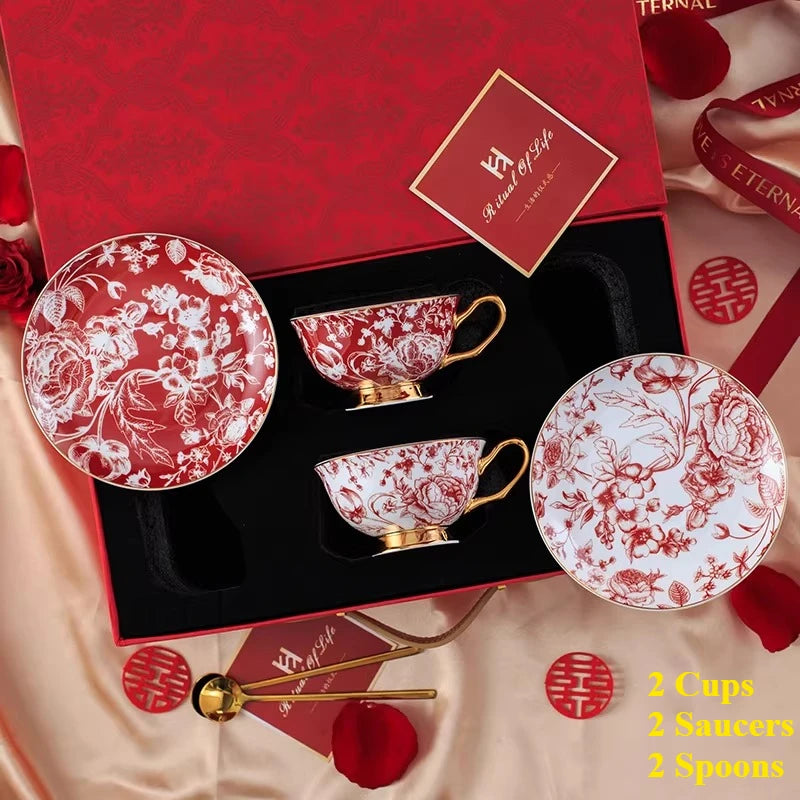 Bone China Tea Cup and Saucer 240 ml Red Floral Gold Trim in Bom: Crimson And Ivory