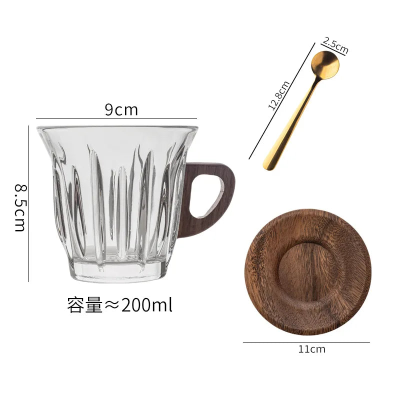 Glass Coffee Cup, Saucer and Spoon Set, Wooden Handle, 200 ml, view 5