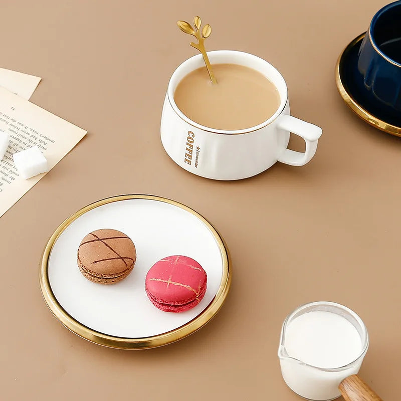 Ceramic Coffee Cup and Saucer with Gold Spoon Modern Set, view 5