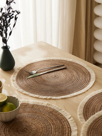 Round Woven Table Mats — Natural Tone with Fringe, Set of 4