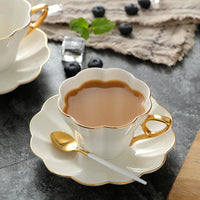 Porcelain Coffee Cup and Saucer Set White Petal Gold Rim