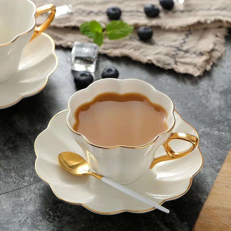 Porcelain Coffee Cup and Saucer Set White Petal Gold Rim, view 6
