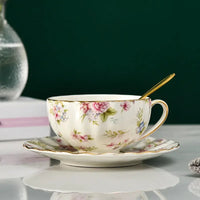 Ceramic Tea Cup and Saucer Set 220 ml Floral with Gold Spoon