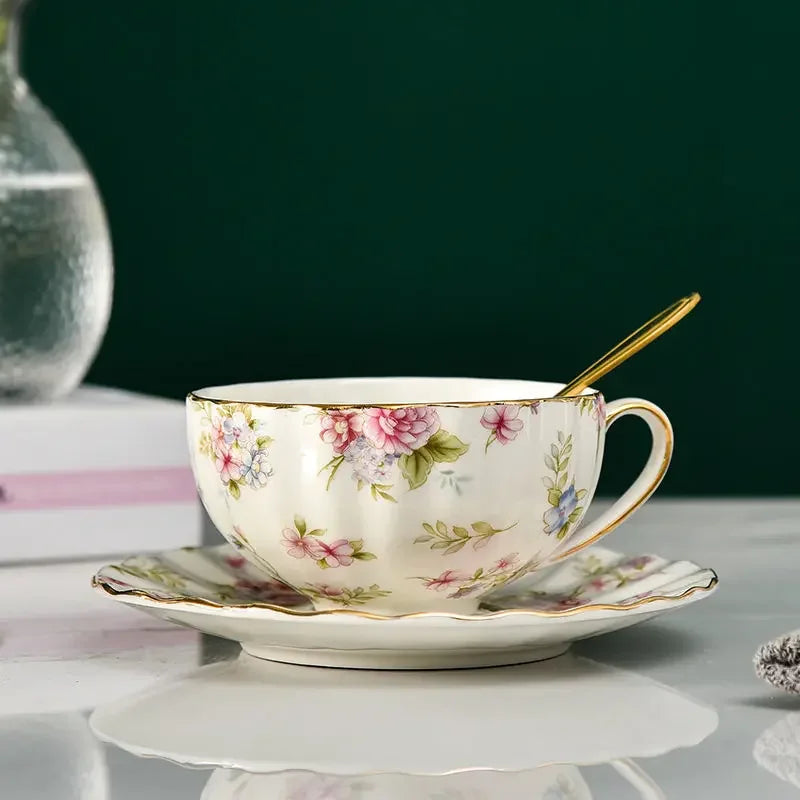 Ceramic Tea Cup and Saucer Set 220 ml Floral with Gold Spoon in Beige