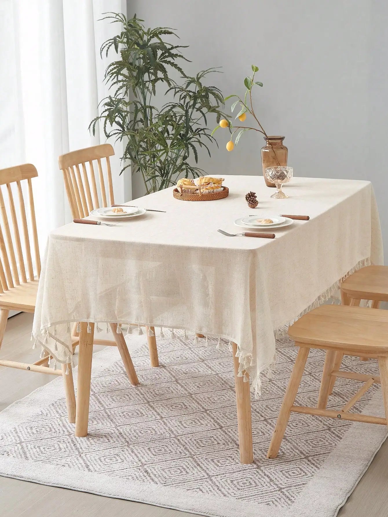 Beige Linen Square Tablecloth - Vintage Country Style