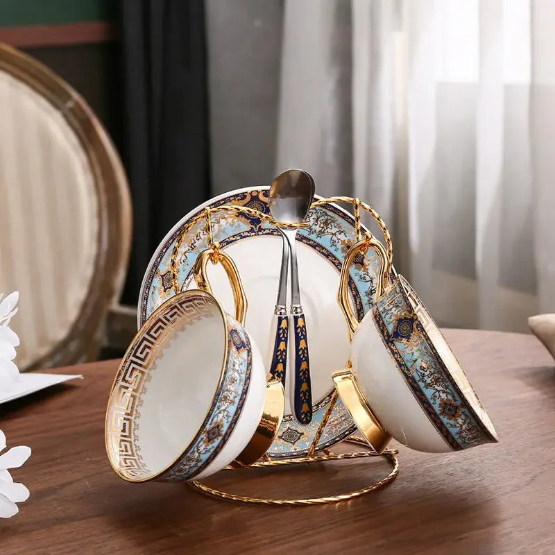 Porcelain Tea Cup and Saucer Set Light Blue Gold Court Style, view 3