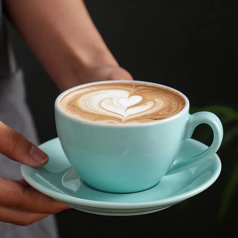 Porcelain Latte Cup and Saucer Set, Wide Rim for Latte Art