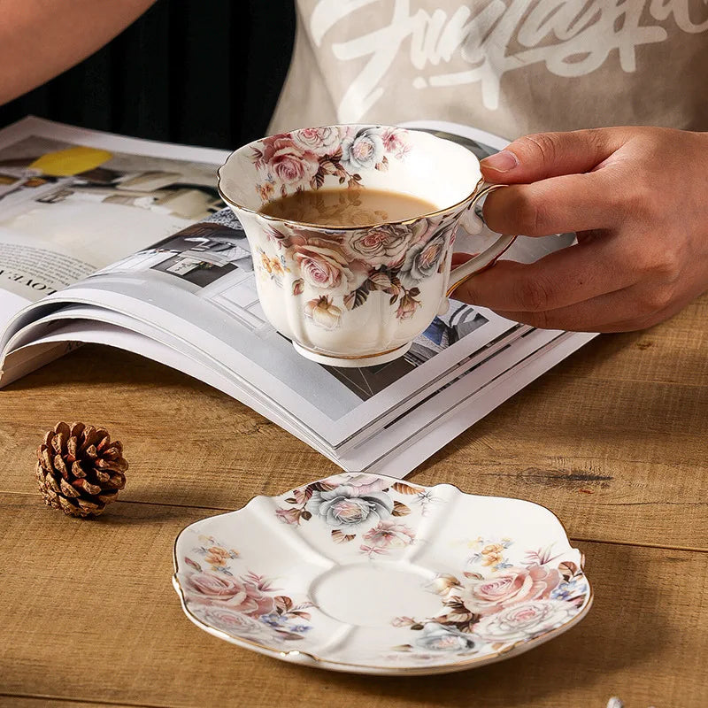 Porcelain Coffee Cup and Saucer 200 ml Rose Garden Gold Rim, view 7