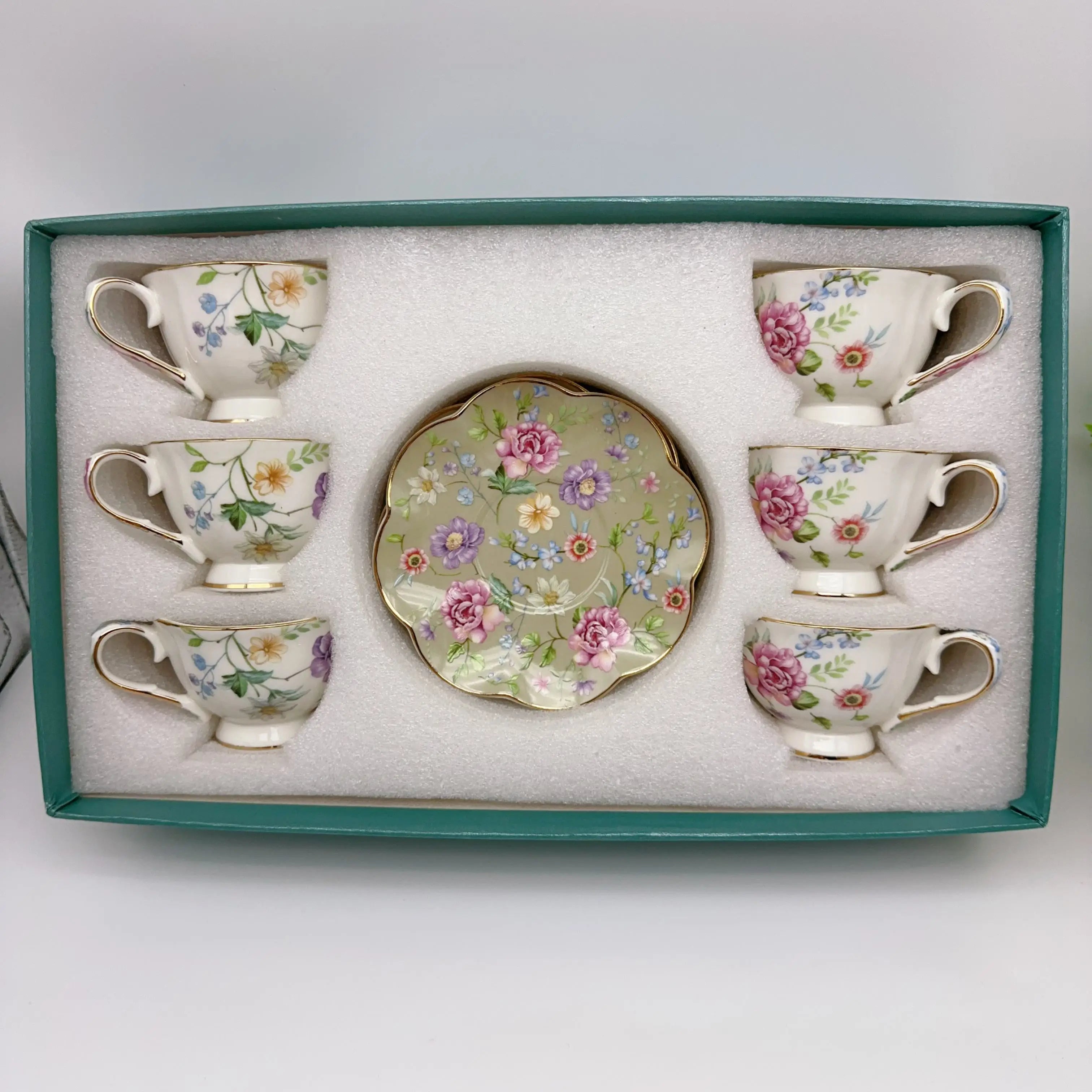 Floral Ceramic Espresso Cups and Saucers Set of 6, Gold Rim, 90 ml, view 6