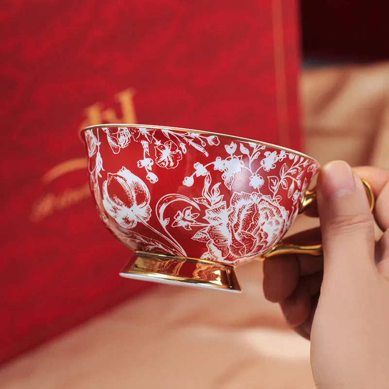 Bone China Tea Cup and Saucer 240 ml Red Floral Gold Trim, view 2