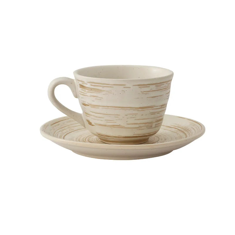 Japanese Style Ceramic Coffee Cup and Saucer 210 ml Brushed Stripe in Beige