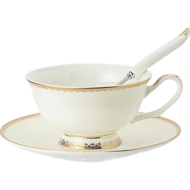 Bone China Tea Cup and Saucer Set British Pastel Gold Foot in White