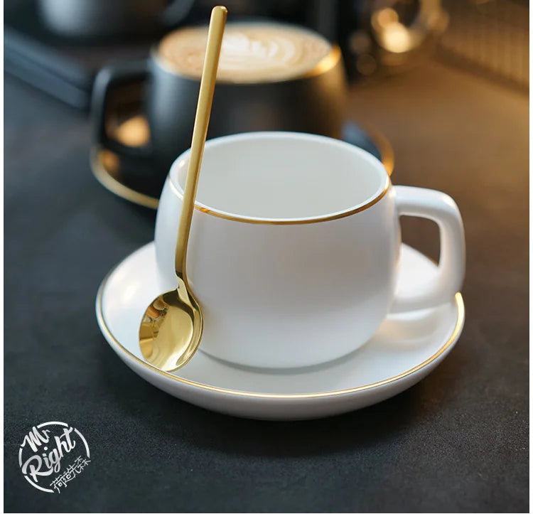 Porcelain Coffee Cup, Saucer and Spoon Set, Matte Gold Rim, view 6