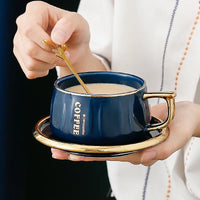 Ceramic Coffee Cup and Saucer with Gold Spoon Modern Set