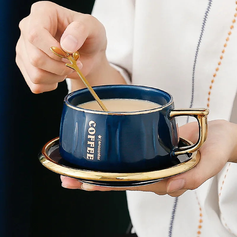 Ceramic Coffee Cup and Saucer with Gold Spoon Modern Set, view 8