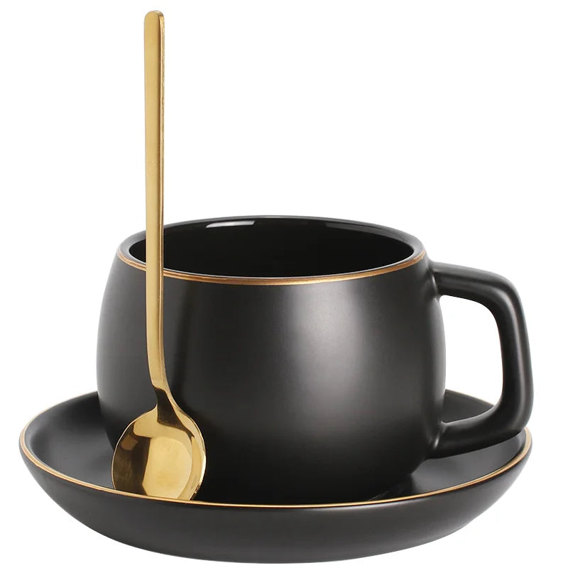 Porcelain Coffee Cup, Saucer and Spoon Set, Matte Gold Rim in Black