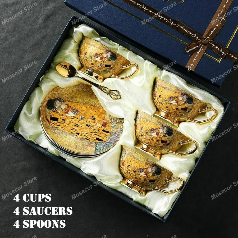 Bone China Coffee Cup and Saucer Gift Set Klimt Gold Art in 4 Cups Set