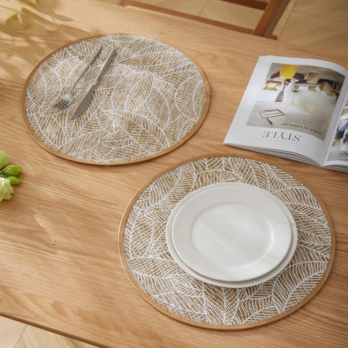 Round Linen Table Mats, Bohemian Leaf Print, Set of 6, view 6