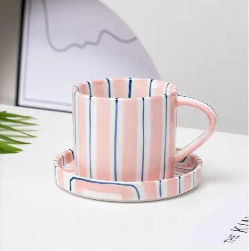 Striped Ceramic Coffee Cup and Saucer 280 ml Hand Painted, view 7