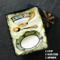 Porcelain Coffee Cup and Saucer Gift Set Ornate Teal and Gold