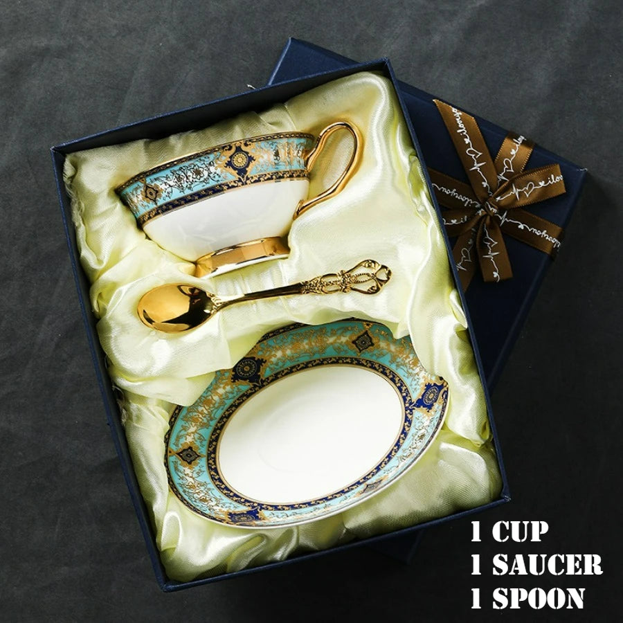 Porcelain Coffee Cup and Saucer Gift Set Ornate Teal and Gold, view 6
