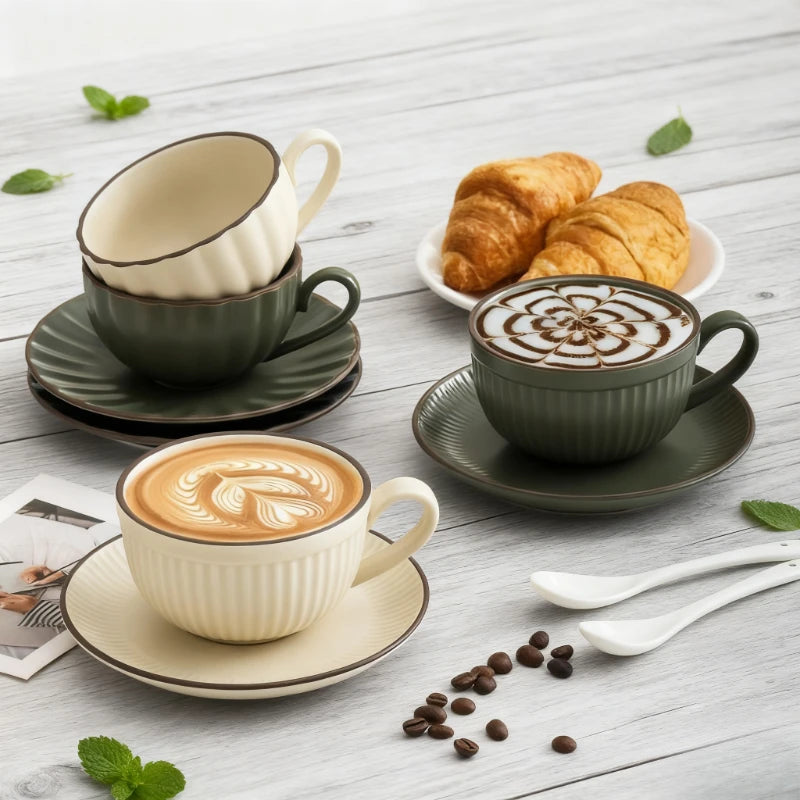 Ceramic Latte Cup and Saucer Set, Ribbed Design, 300 ml, view 6