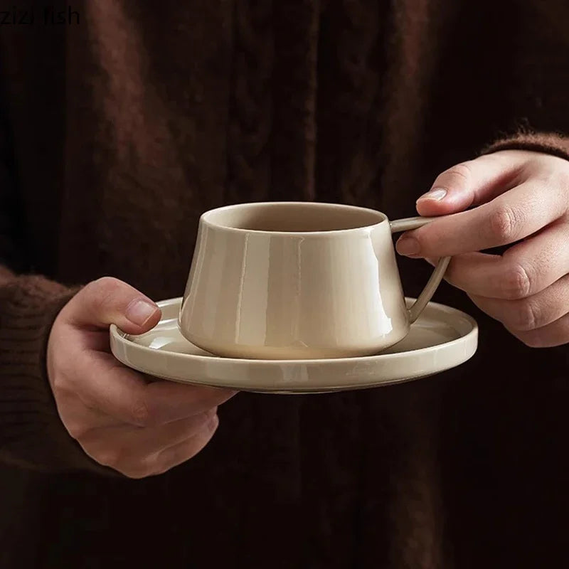 Ceramic Latte Cup and Dish Set 220 ml Modern Tapered Design, view 6