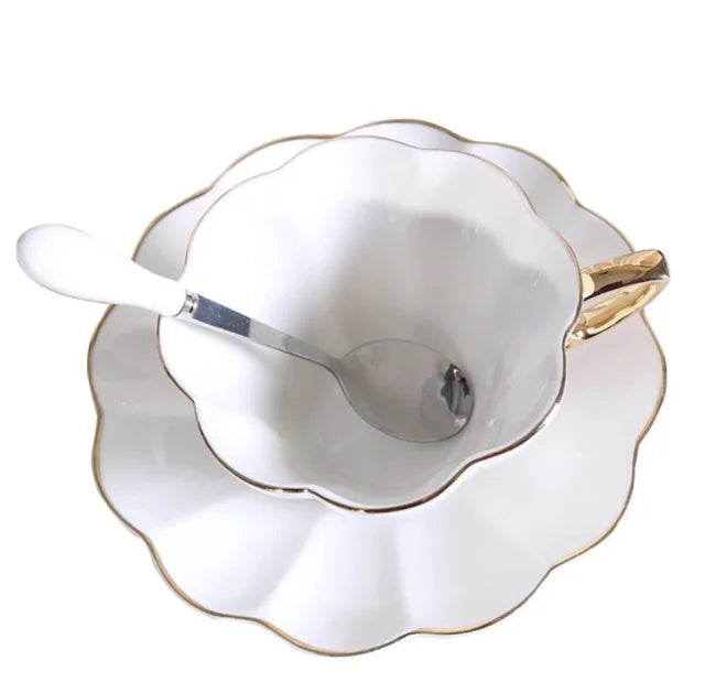 Porcelain Coffee Cup and Saucer Set White Petal Gold Rim, view 8