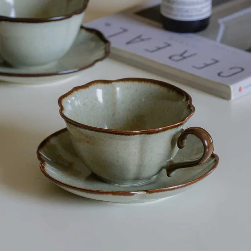 Kiln Glazed Ceramic Coffee Cup and Saucer 280 ml Retro, view 7