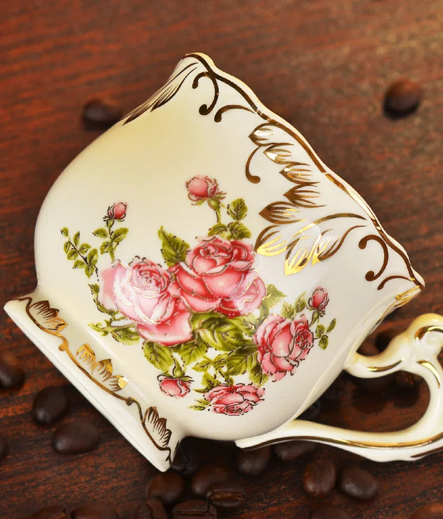 Ivory Porcelain Coffee Cup Set with Saucers Spoons and Rack, view 4