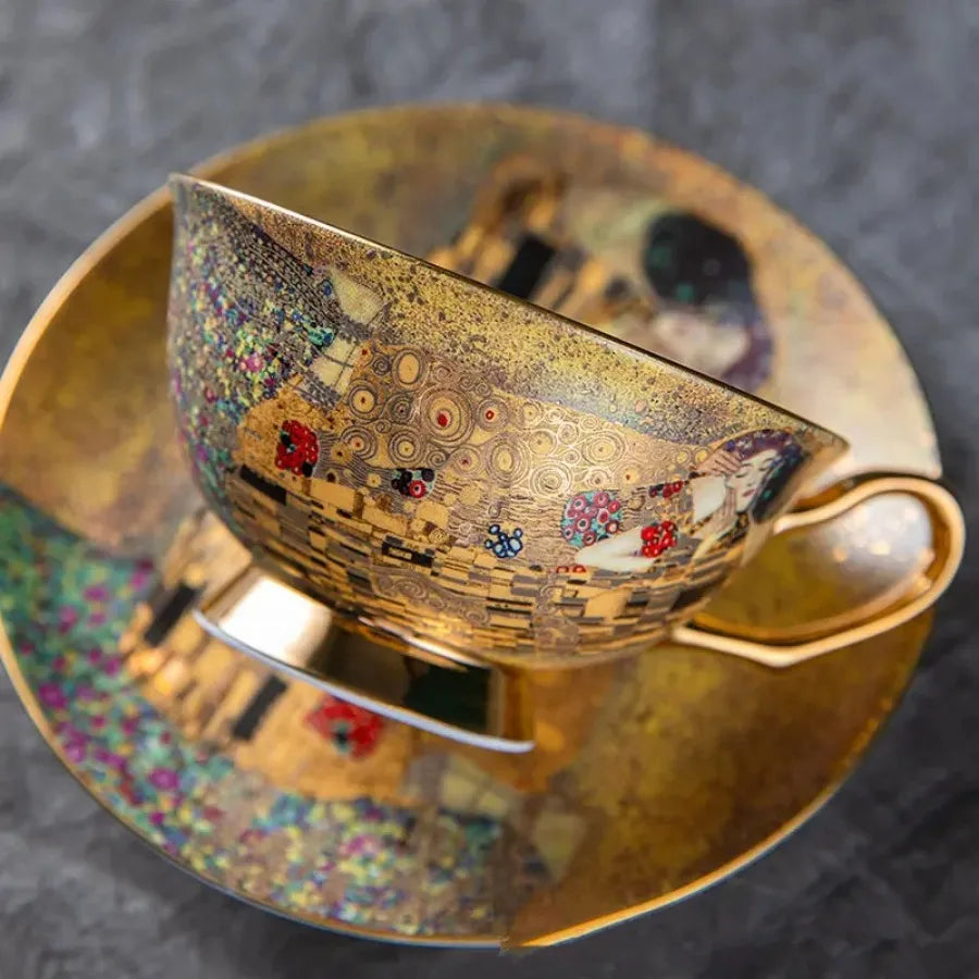 Bone China Coffee Cup and Saucer Gift Set Klimt Gold Art