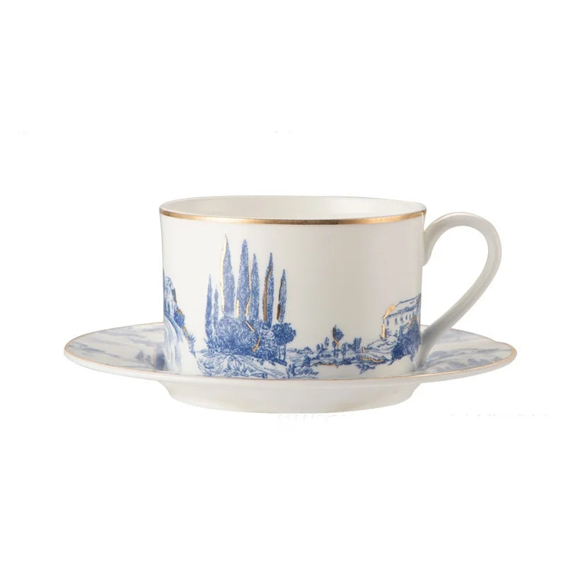 Ceramic Turkish Coffee Cups with Saucer 180 ml Blue and White in Blue Landscape