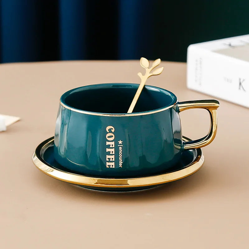 Ceramic Coffee Cup and Saucer with Gold Spoon Modern Set, view 11