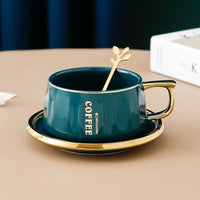 Ceramic Coffee Cup and Saucer with Gold Spoon Modern Set