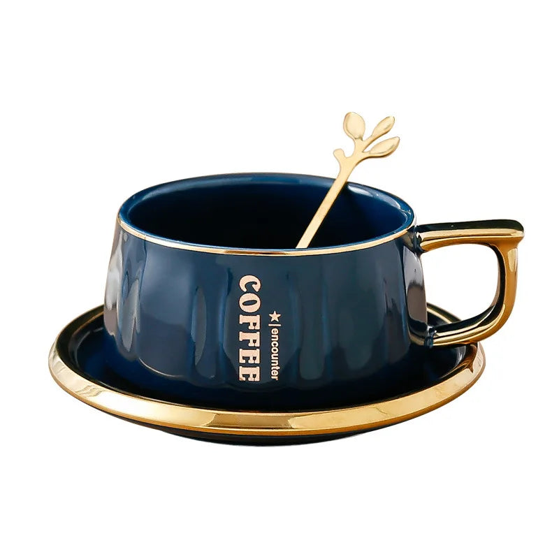 Ceramic Coffee Cup and Saucer with Gold Spoon Modern Set in Navy