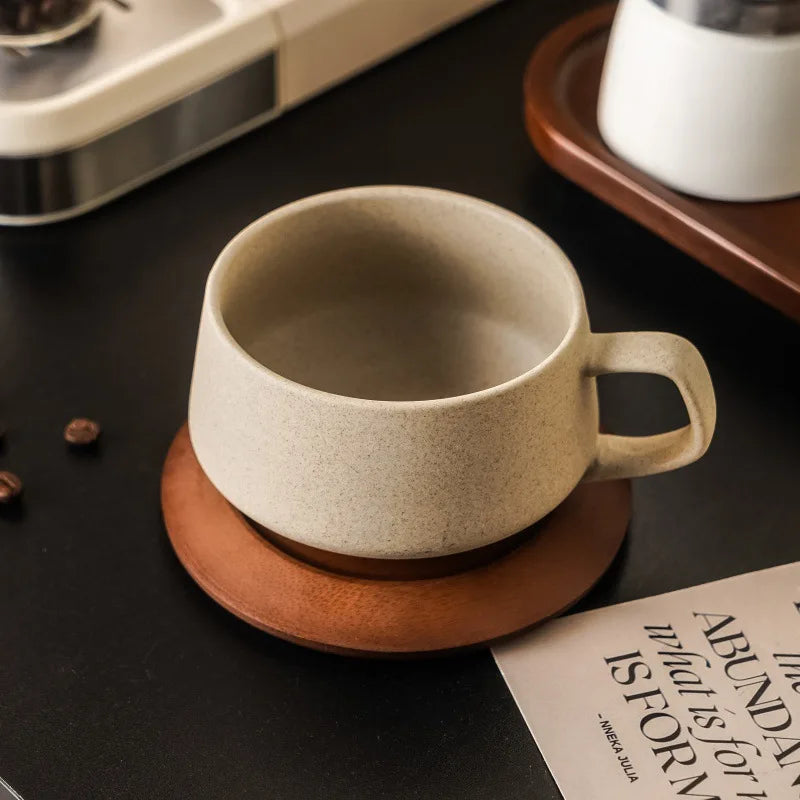 Coarse Pottery Coffee Cup with Wooden Saucer 240 ml, view 5