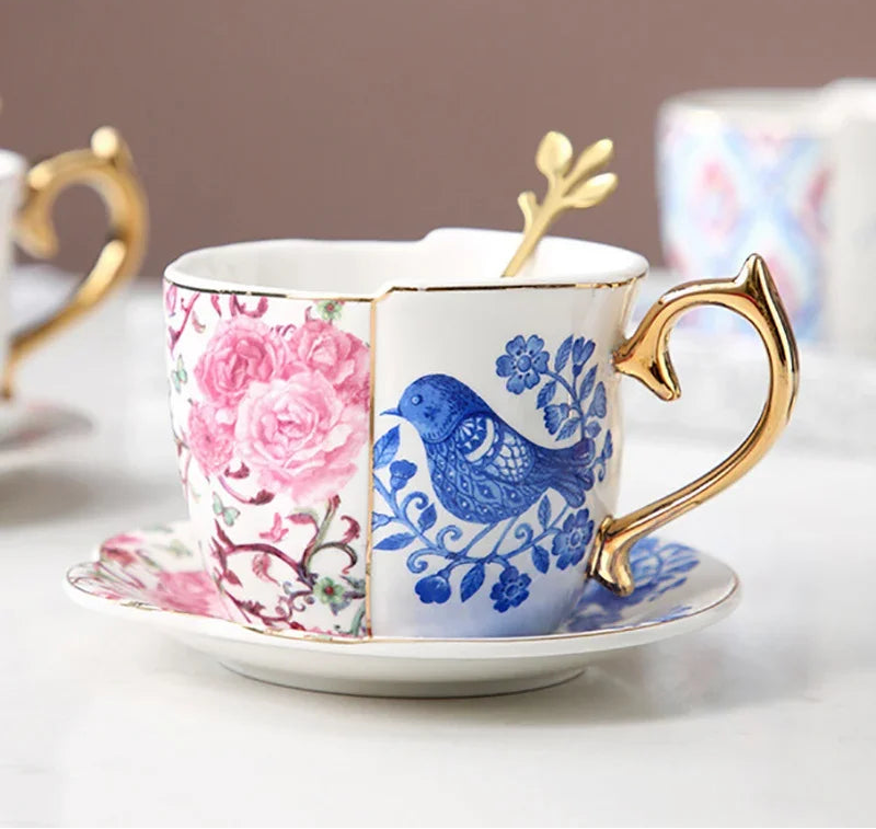 Porcelain Tea Cup and Saucer 250 ml Rose and Bluebird Design, view 3