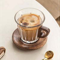 Glass Coffee Cup Saucer and Spoon Set with Wooden Handle