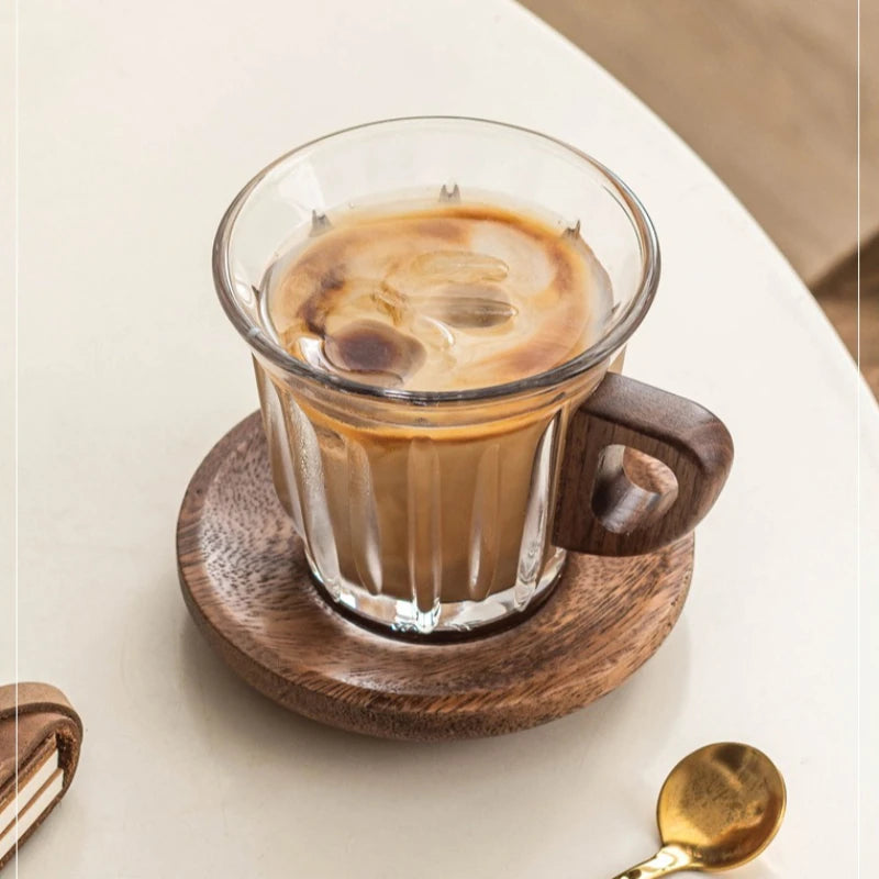 Glass Coffee Cup, Saucer and Spoon Set, Wooden Handle, 200 ml, view 3