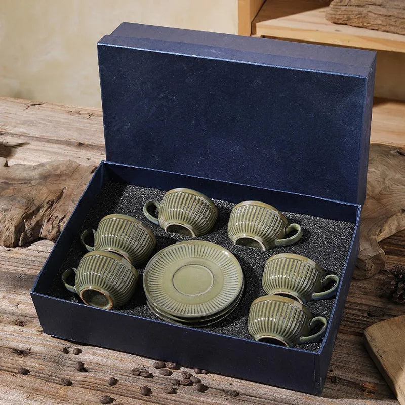 Ceramic Espresso Cups and Saucers Set of 6, Vintage Stripe, view 8