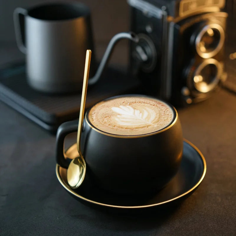 Porcelain Coffee Cup, Saucer and Spoon Set, Matte Gold Rim