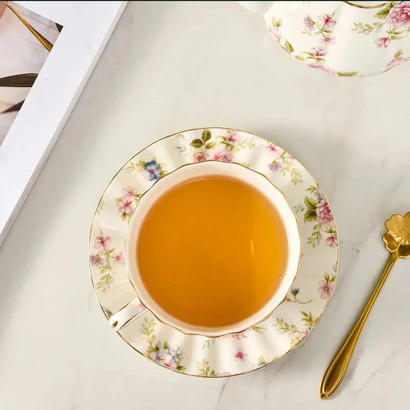 Ceramic Tea Cup and Saucer Set 220 ml Floral with Gold Spoon, view 8