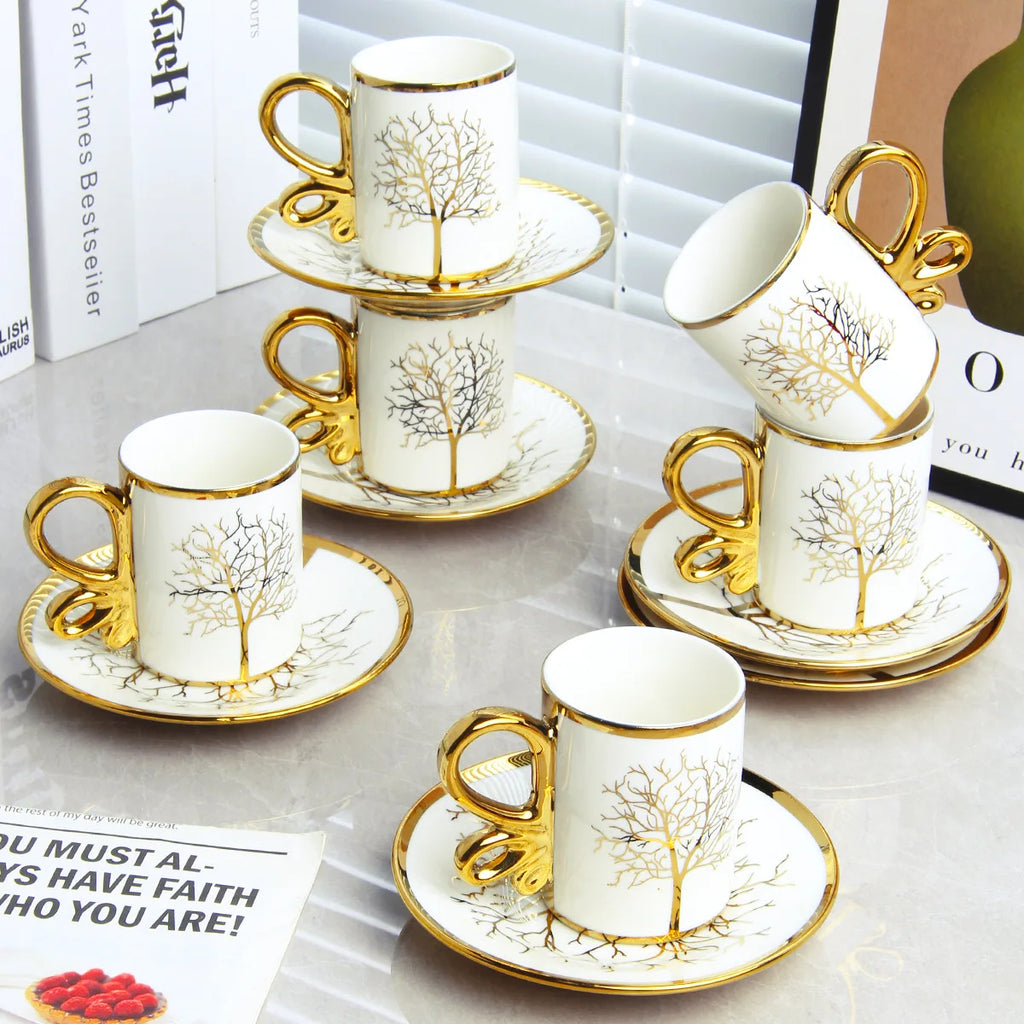 White Ceramic Coffee Cups and Saucers Set of 6, Gold Detail, 200 ml, view 5
