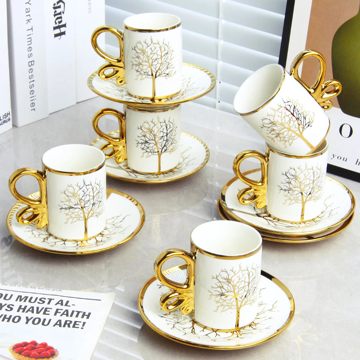 White Ceramic Coffee Cups and Saucers Set of 6, Gold Detail, 200 ml, view 5