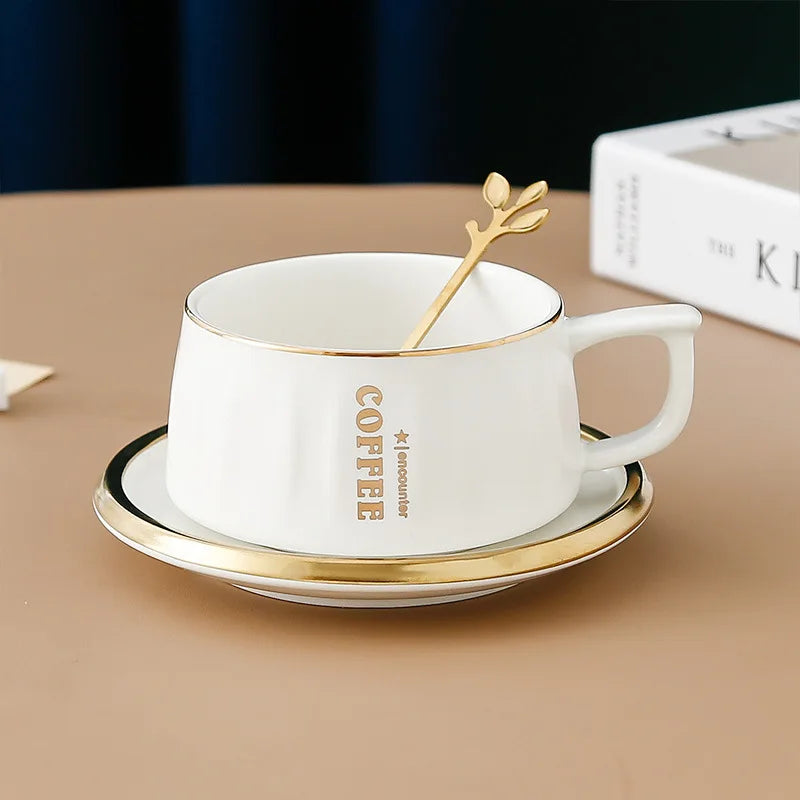 Ceramic Coffee Cup and Saucer with Gold Spoon Modern Set, view 2