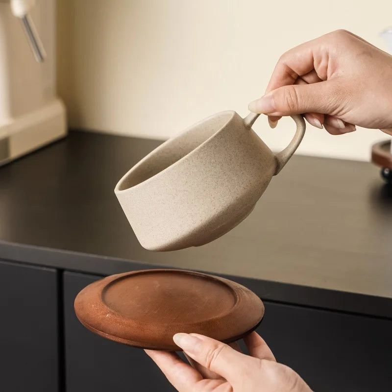 Coarse Pottery Coffee Cup with Wooden Saucer 240 ml, view 4