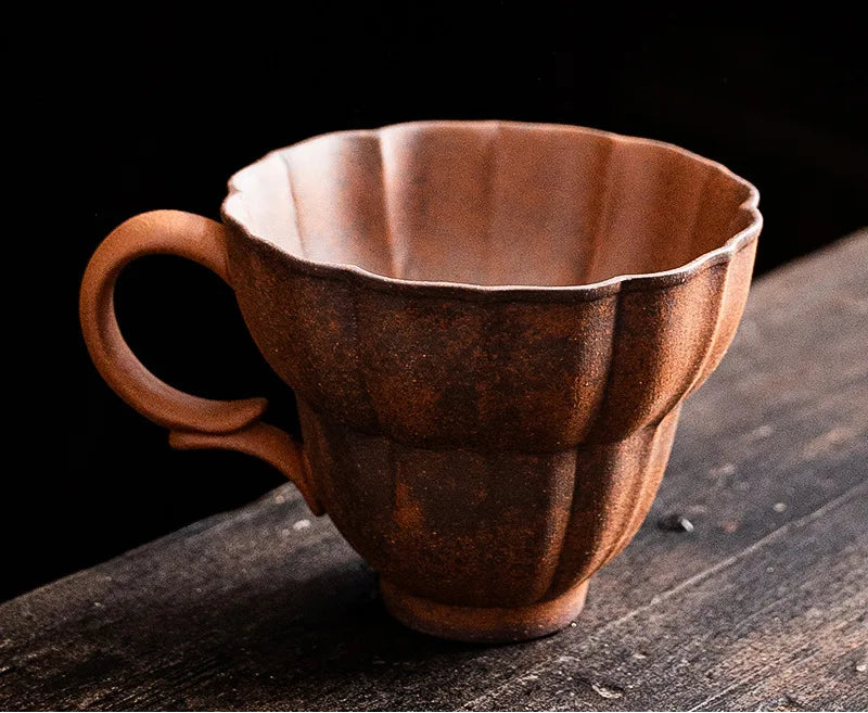 Coarse Pottery Espresso Cup 80 ml Handmade Fluted Design in Brown