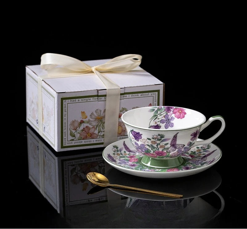 Porcelain Tea Cup and Saucer Set 260 ml Floral Gift Box in Violet