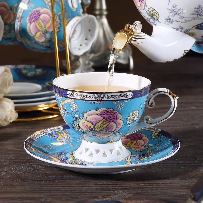 Bone China Tea Cup and Saucer 200 ml Turquoise Peony Design, view 3